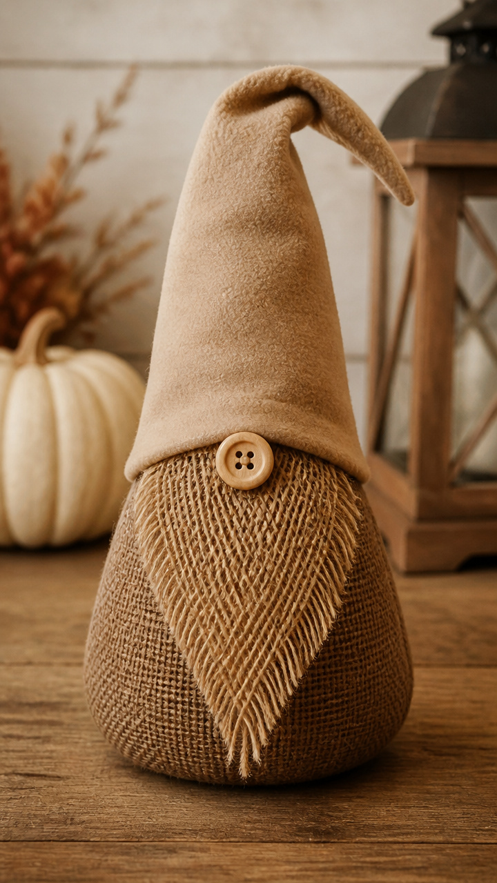 Burlap Bearded Gnome with Button Nose