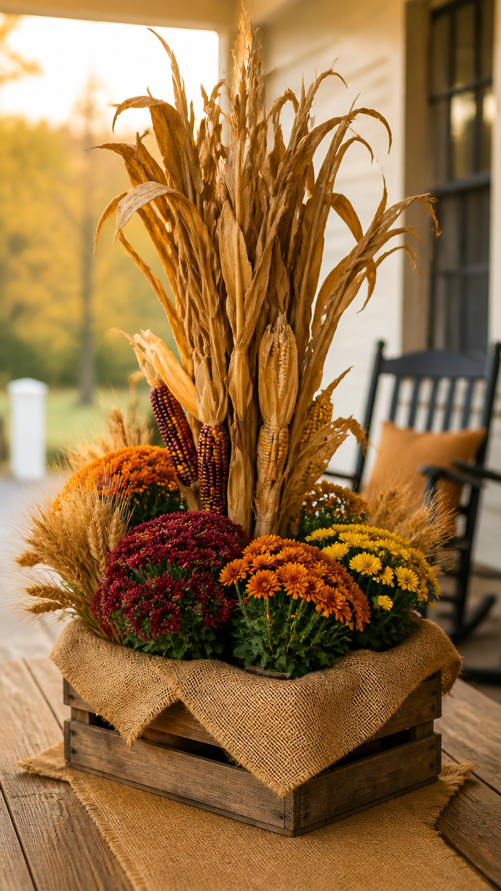 Burlap Corn and Mum Table Centerpiece