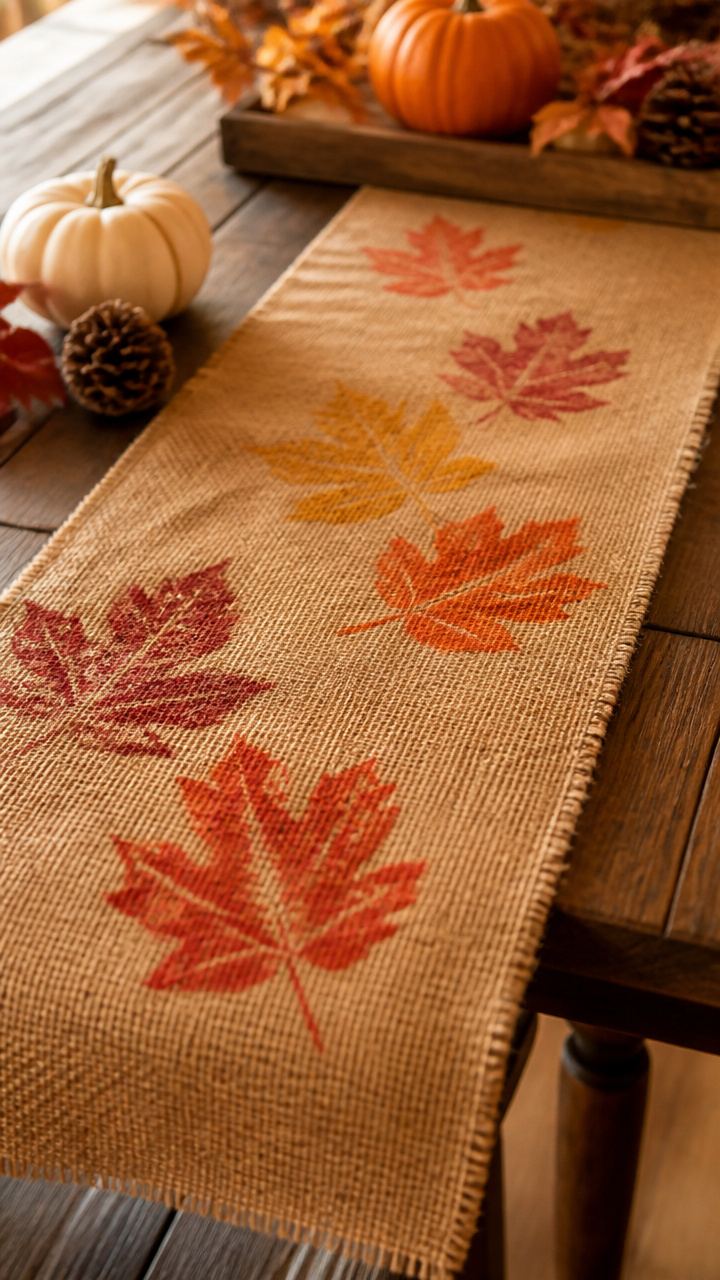 Burlap Table Runners with Leaf Imprints