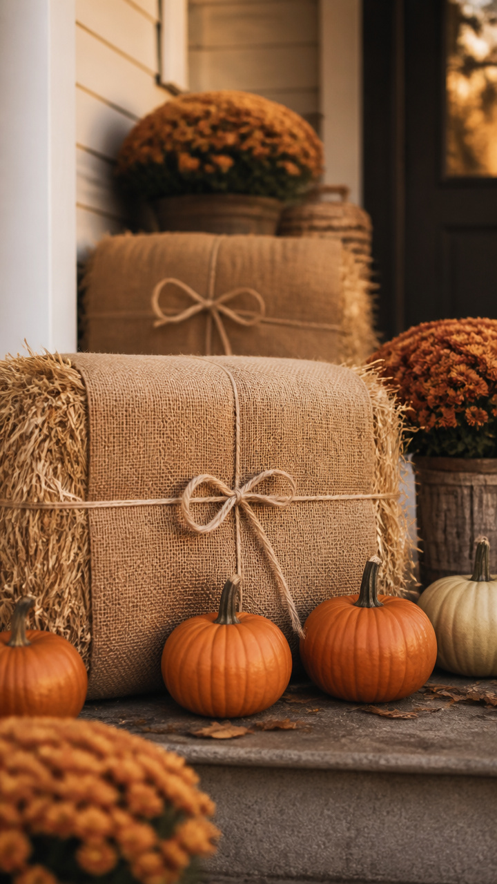 Burlap-Wrapped Hay Bales with Pumpkin Accents
