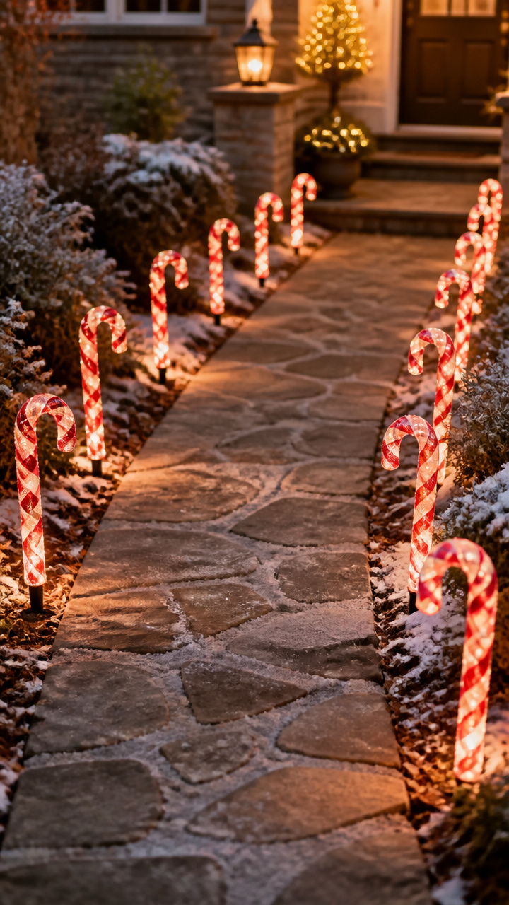Candy Cane Border Along a Stone Walkway