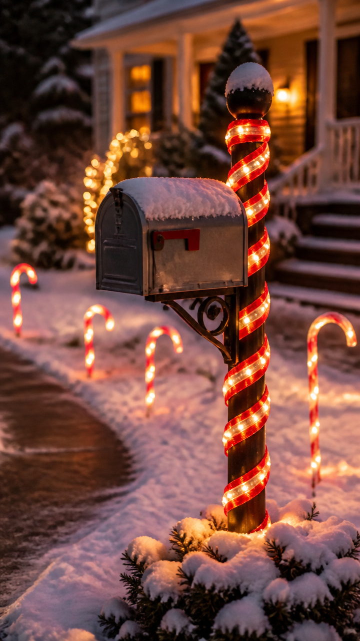 Candy Cane Lights Around a Mailbox