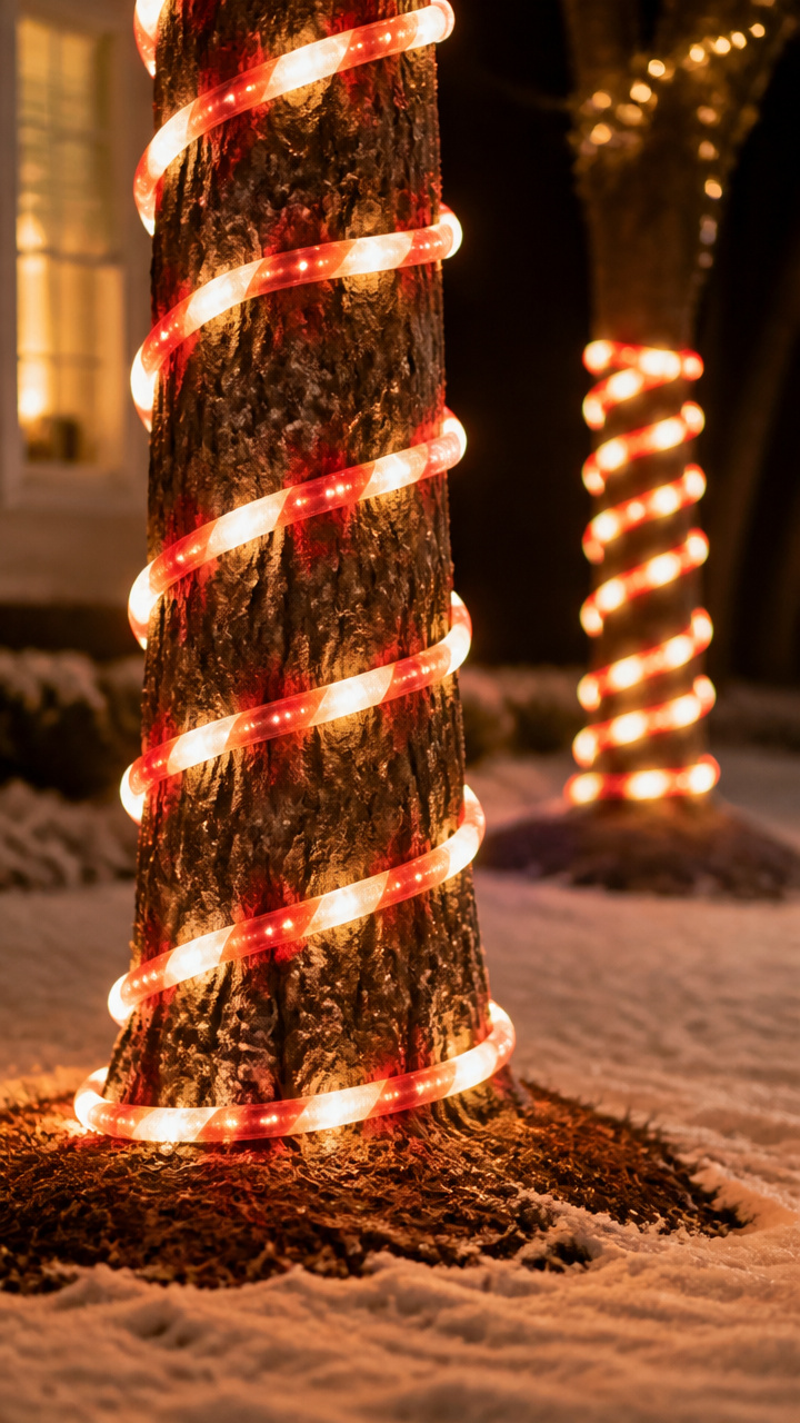 Candy Cane Lights Around Tree Trunks