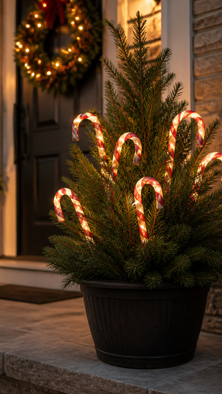 Candy Cane Lights in Potted Evergreens