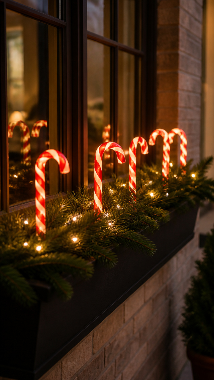 Candy Cane Lights in Window Boxes
