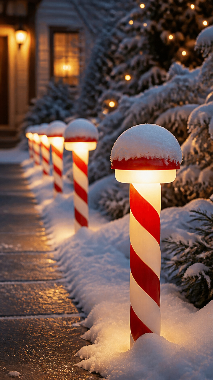 Candy Cane Path Lights with Snow Cap Tops