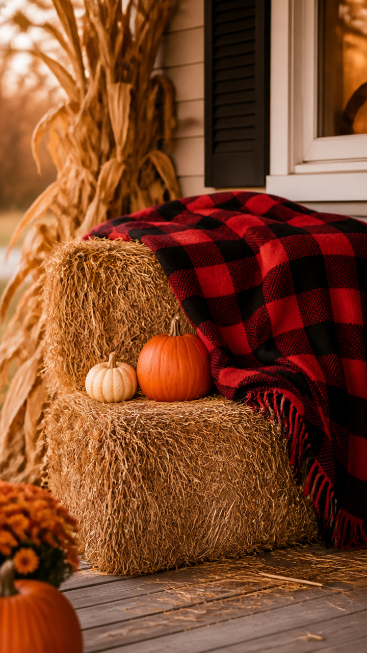 Classic Hay Bale Seating with Plaid Blankets