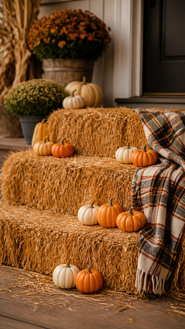 Classic Hay Bale Steps with Mini Pumpkins