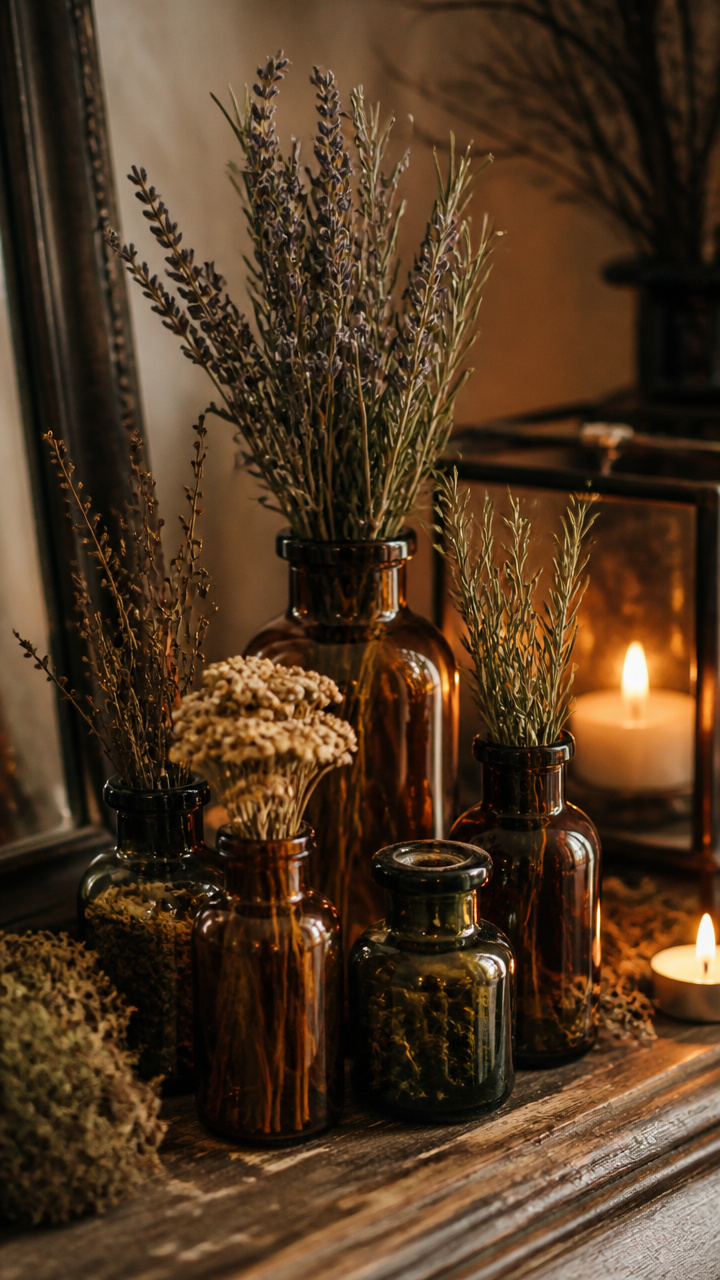 Cluster of Amber Glass Bottles with Dried Botanicals