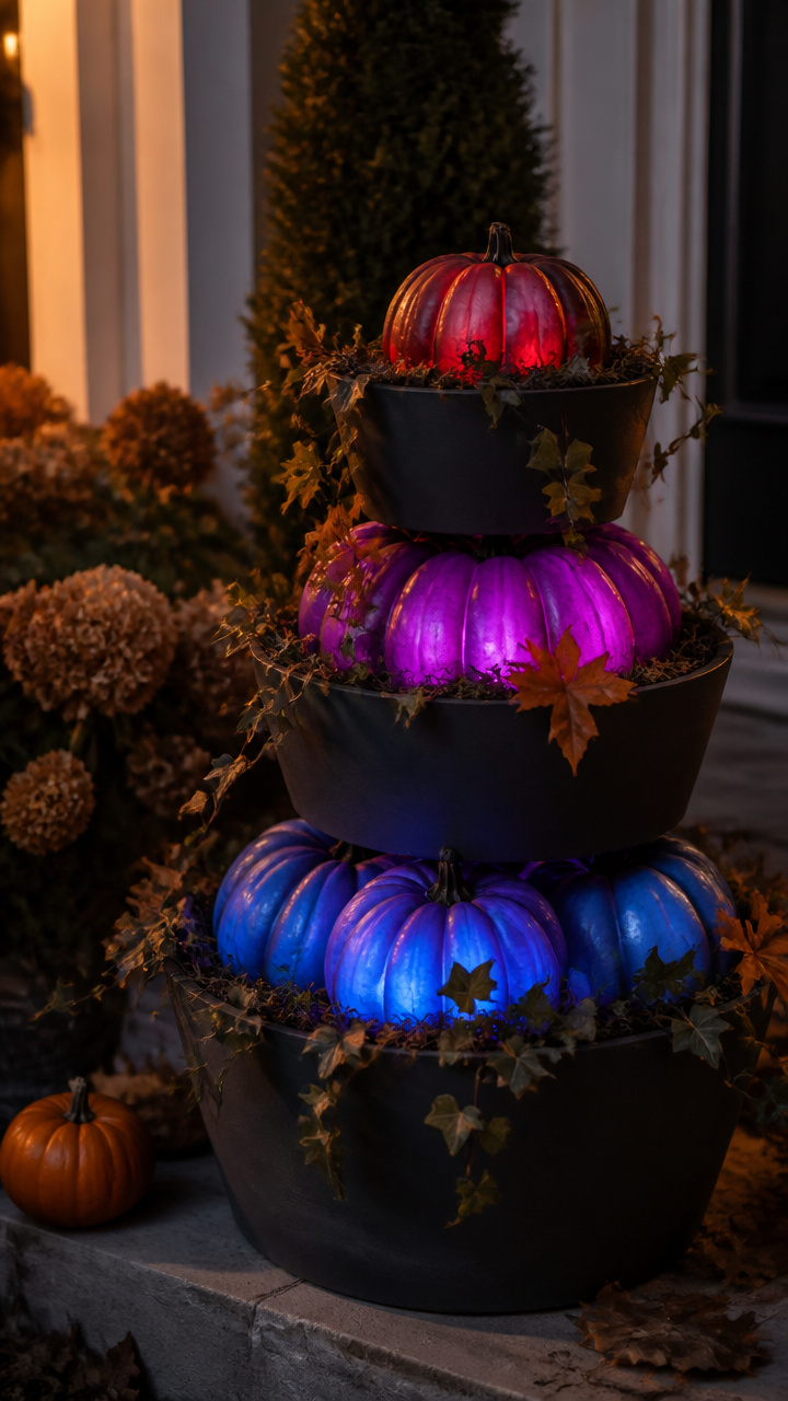 Color-Changing Pumpkins in Tiered Planters