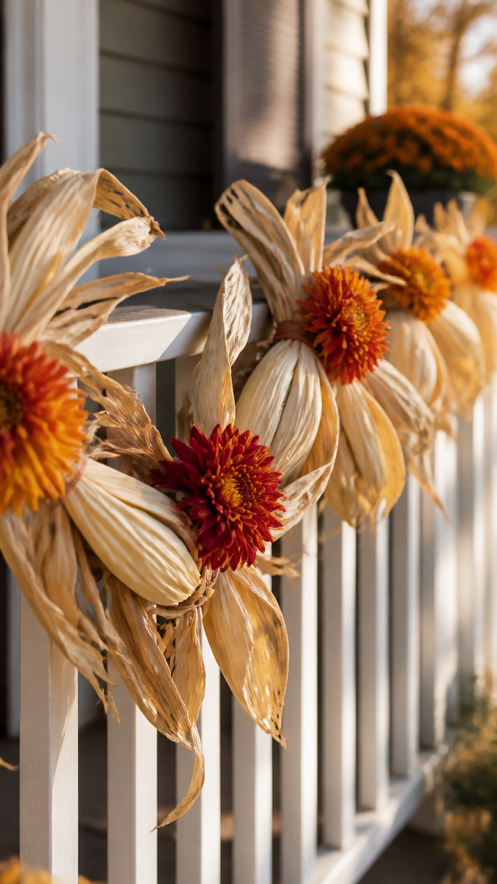 Corn Husk Garlands with Mum Accents