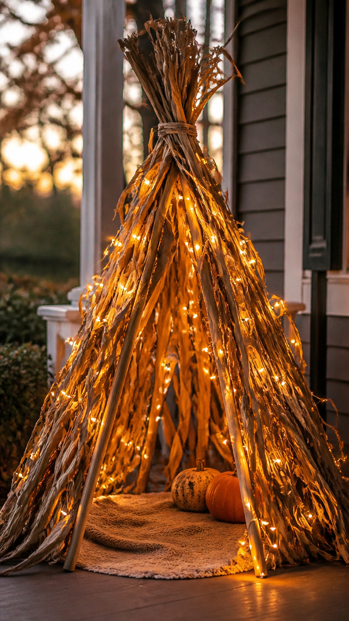 Corn Stalk Teepee with String Lights
