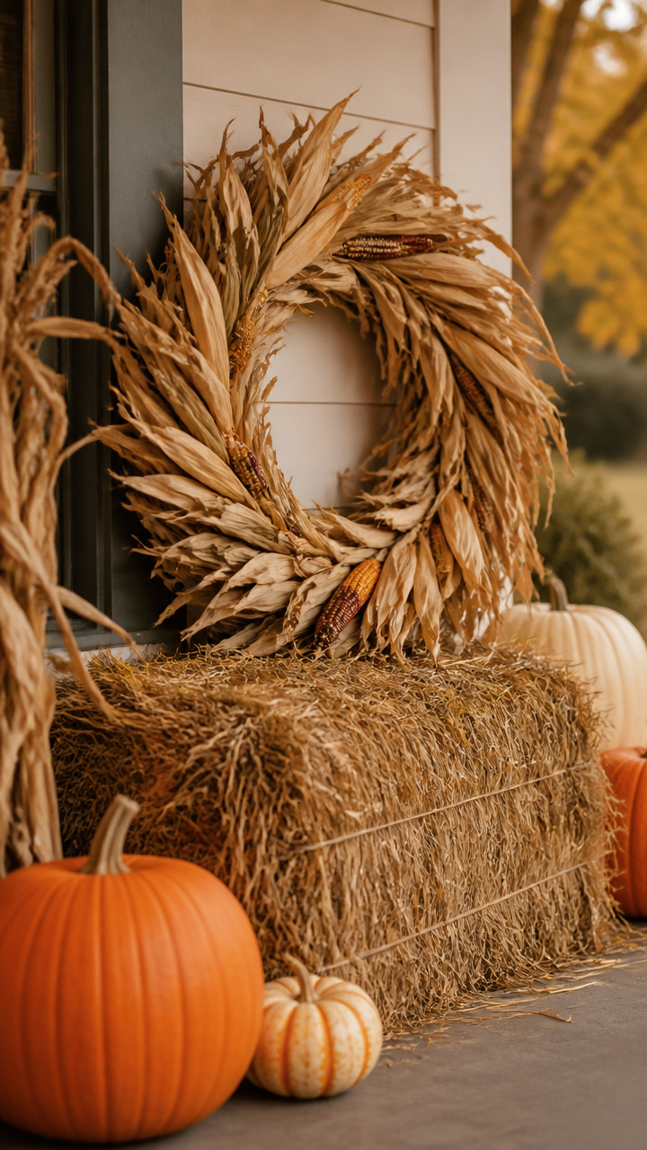 Corn Stalk Wreath on a Hay Bale Backdrop