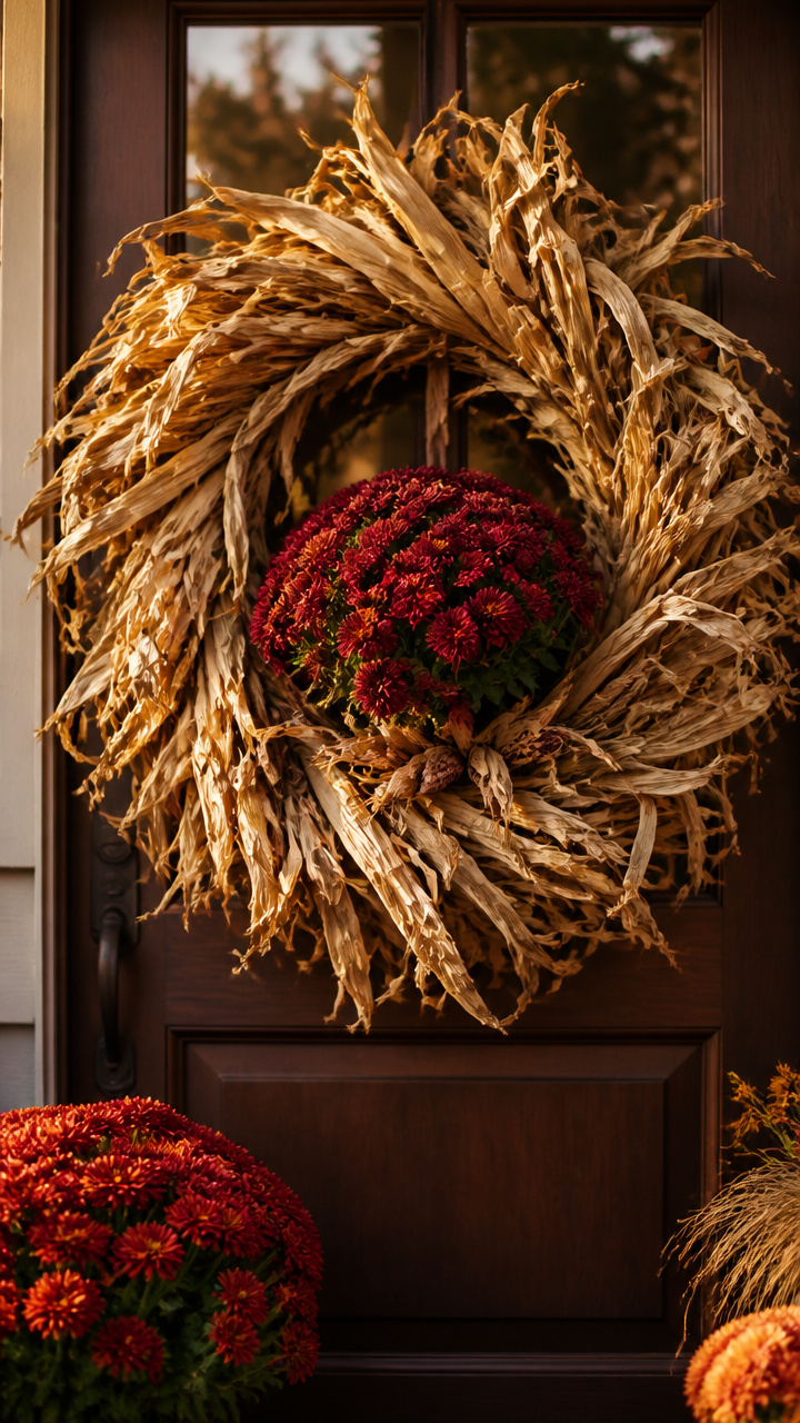 Corn Stalk Wreath with Mum Centerpiece