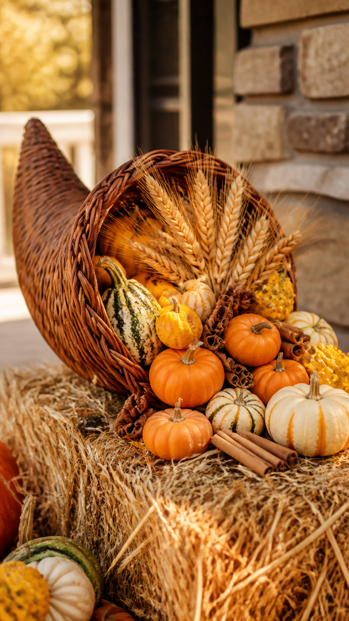 Cornucopia Basket Amidst Hay and Gourds