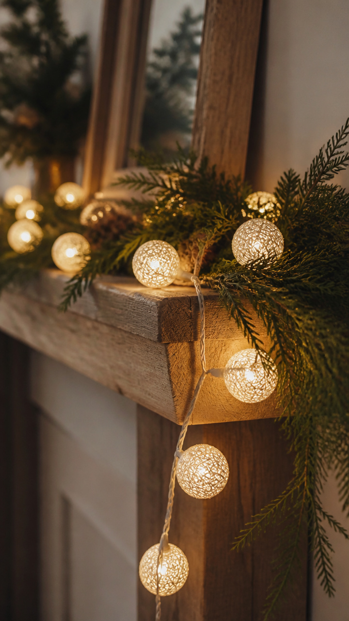 Cotton String Lights Wrapped Around Mantels