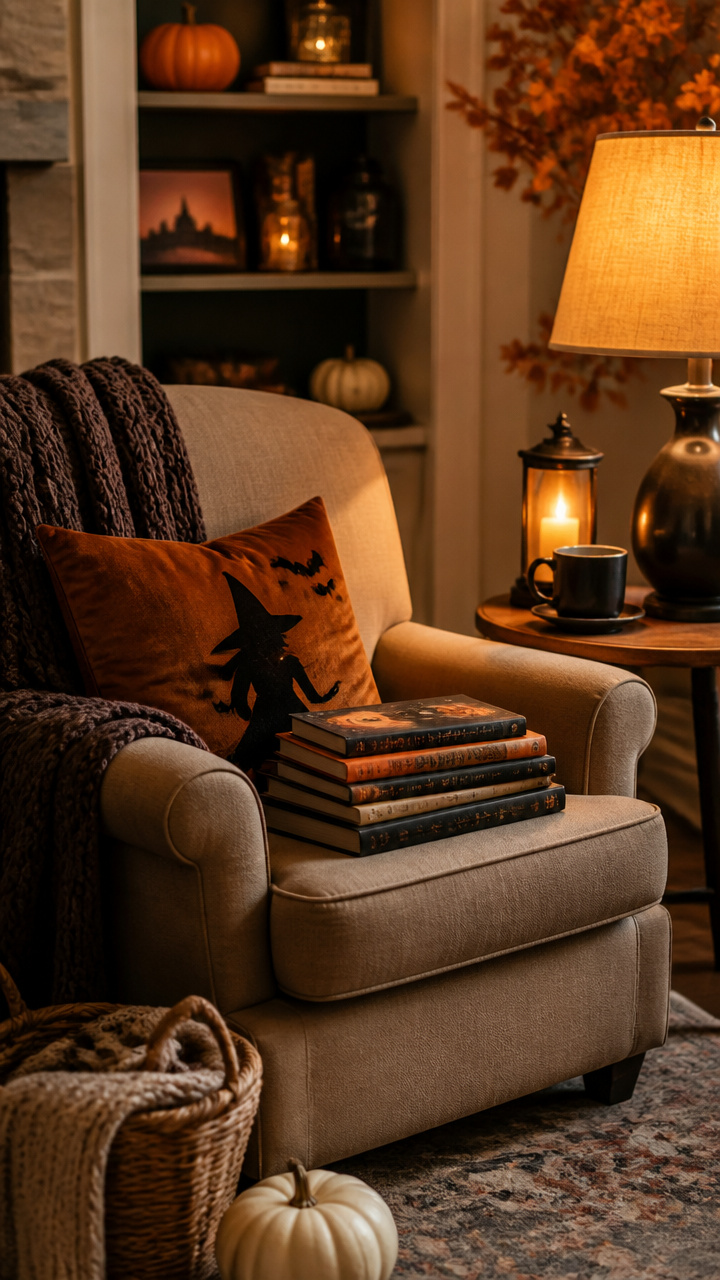 Cozy Reading Nook with Halloween-Themed Books