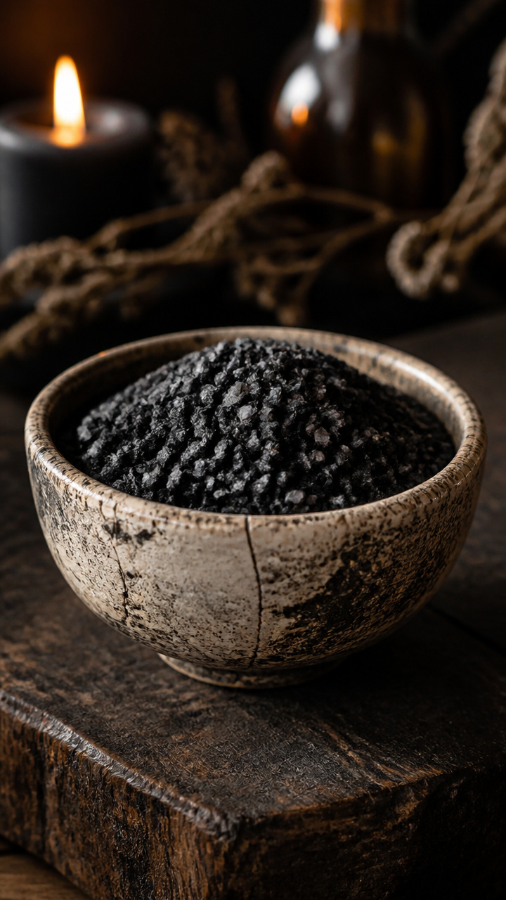 Cracked Ceramic Bowl Holding Black Salt