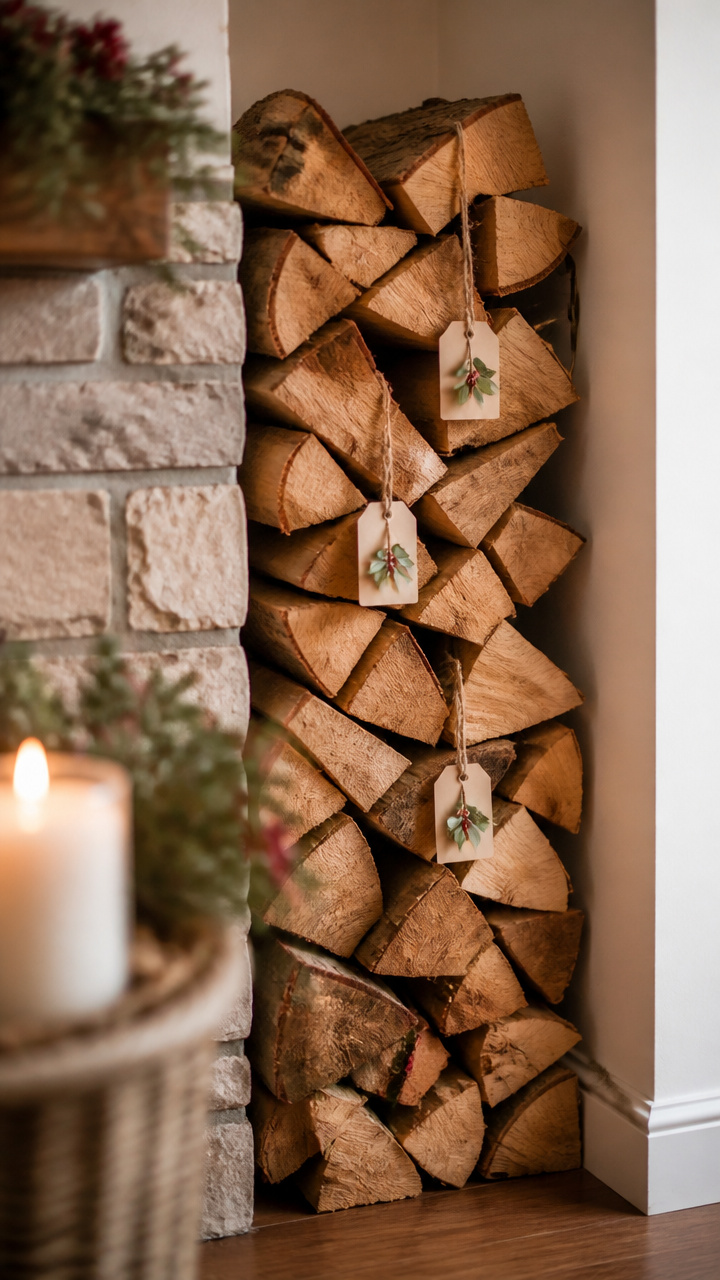 Cross-Stacked Firewood Nook with Holiday Tags