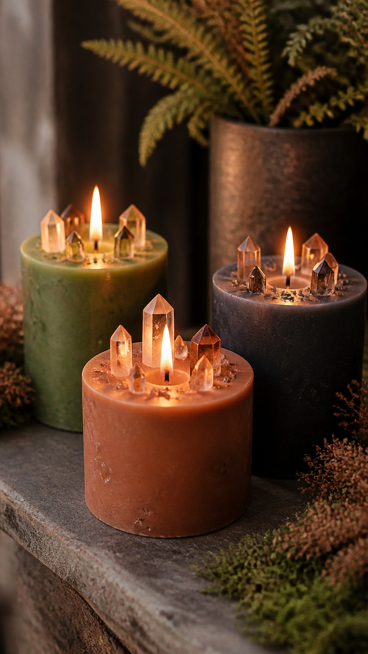 Crystal-Embedded Candles in Earth Tones