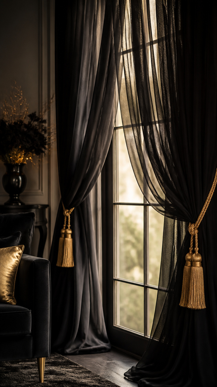 Draped Sheer Black Curtains with Gold Tiebacks
