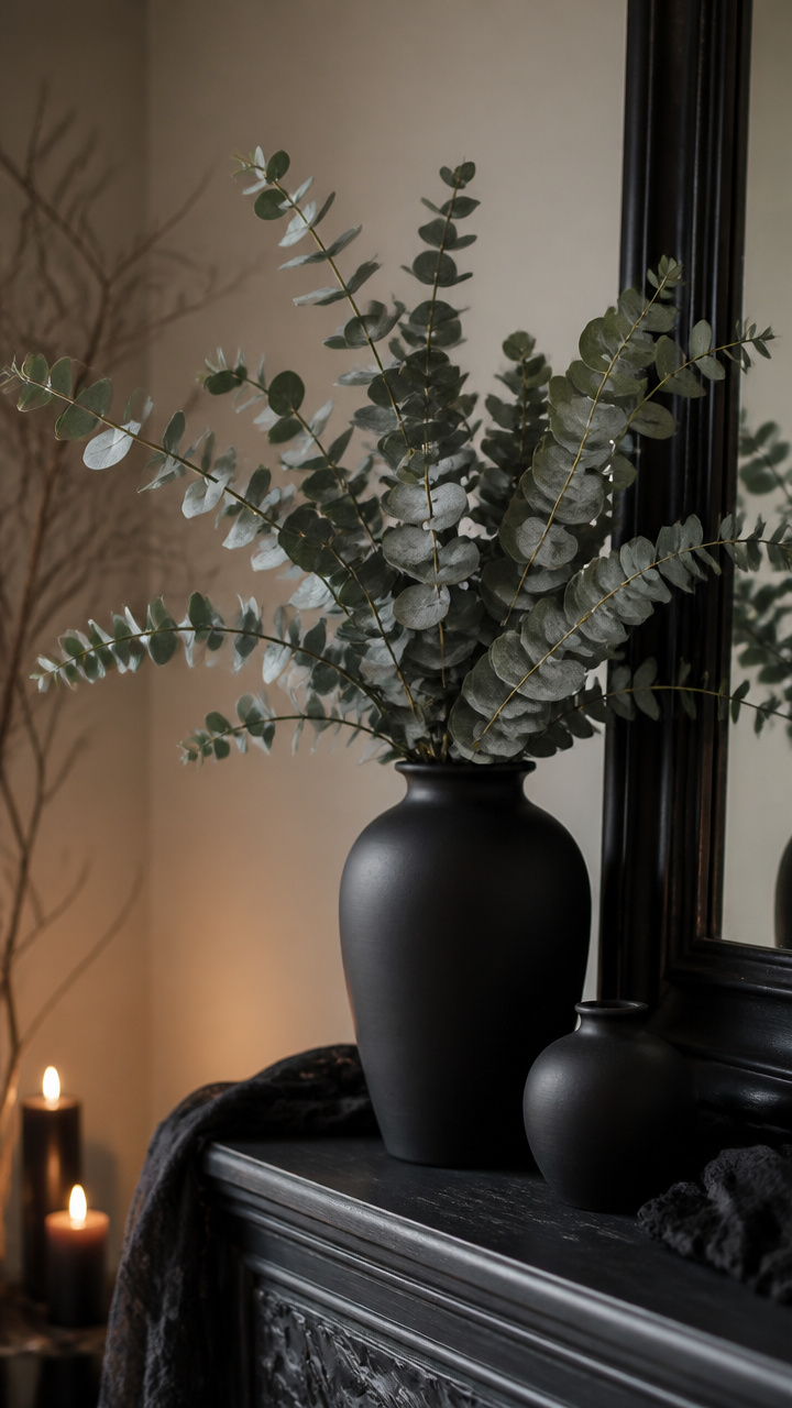 Dried Eucalyptus in Black Vases