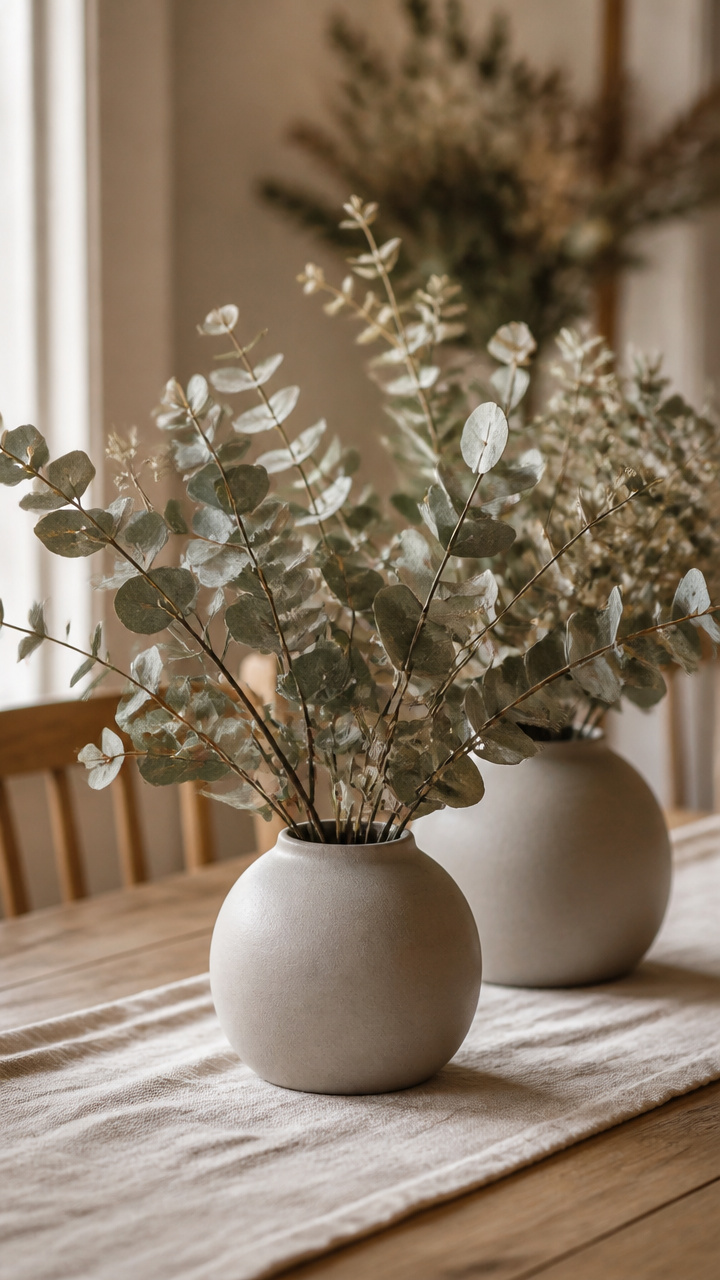 Dried Eucalyptus in Matte Ceramic Vases