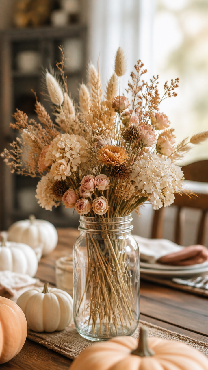 Dried Flower Arrangements in Mason Jars