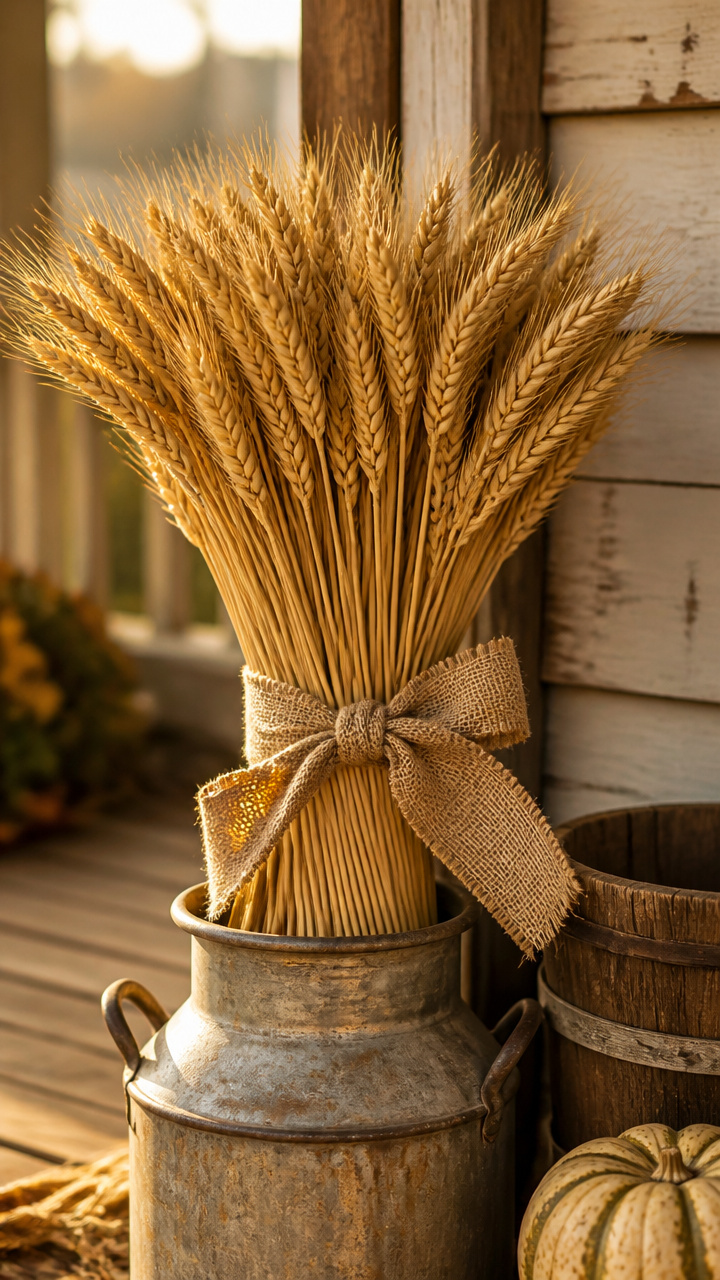 Dried Wheat Bundles Tied with Burlap Ribbon