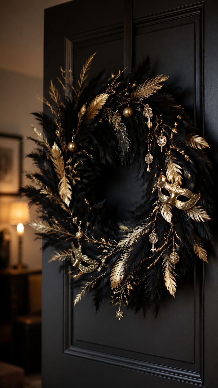 Elegant Black Wreath with Gold Embellishments