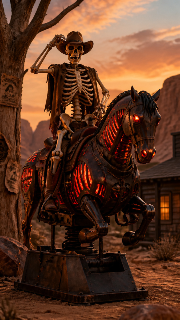 Enormous Skeleton Cowboy Riding a Mechanical Horse