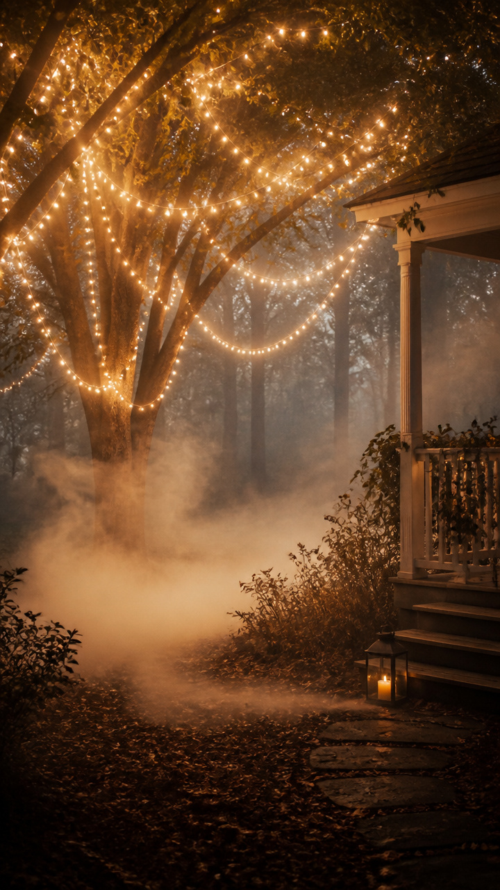 Ethereal Tree Canopy with Fog and String Lights