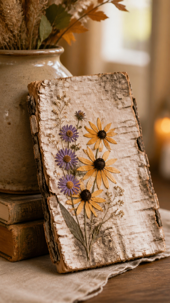 Fallen Bark Plaque with Pressed Flowers