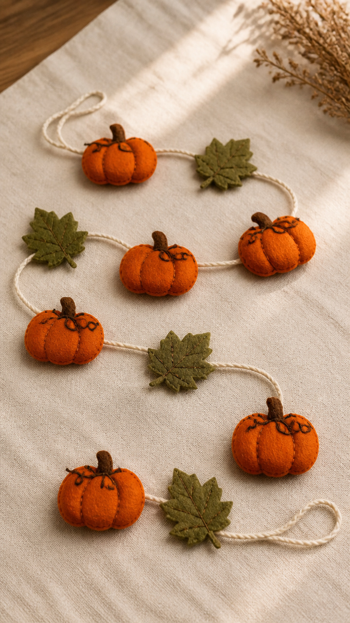 Felt Pumpkin Garland with Leaf Accents