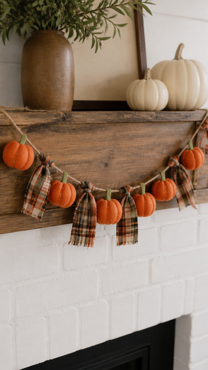 Felt Pumpkin Garland with Plaid Ribbons