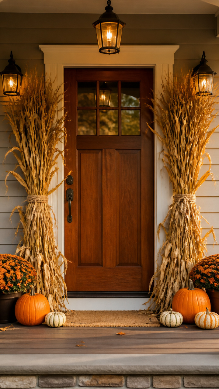 Flanking Front Door with Corn Stalk Bundles