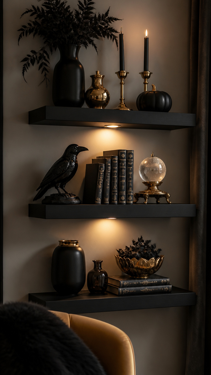Floating Shelves Styled with Black and Gold Objects