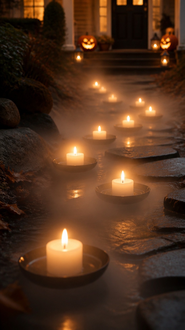 Fog-Blurred Pathway of Floating Candles