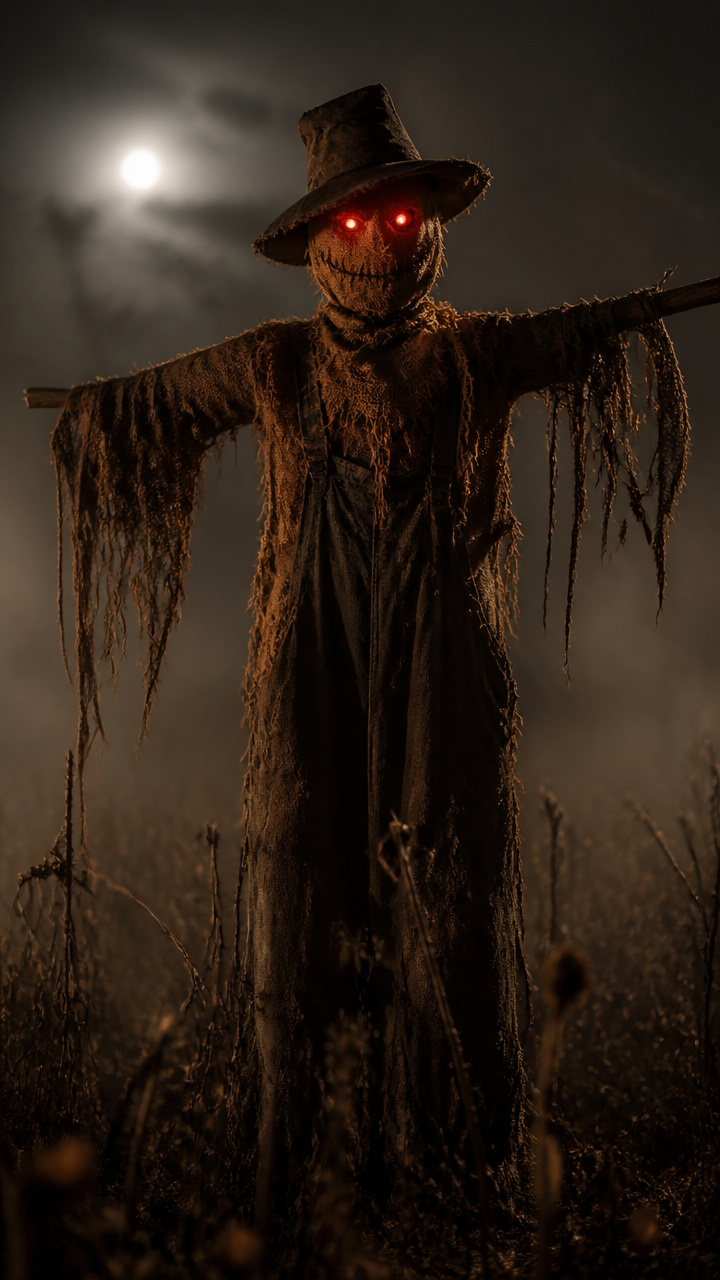 Fog-Shrouded Scarecrow with Glowing Eyes