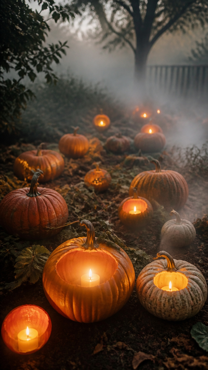 Fog-Swept Pumpkin Patch with Flickering Candles