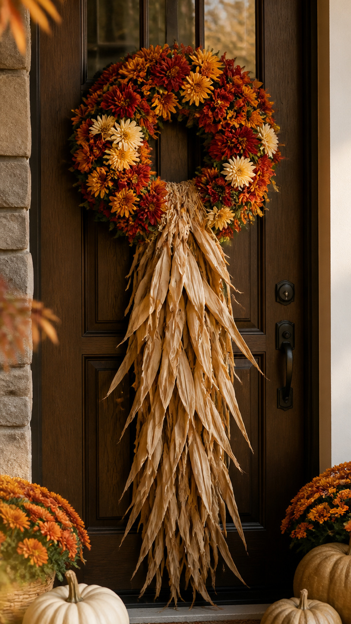 Front Door Mum Wreath with Corn Stalk Tails