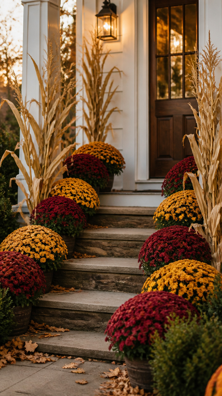 Front Step Corn and Mum Borders