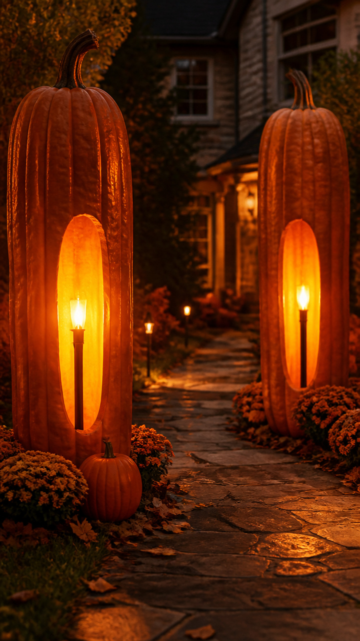 Giant Hollowed Pumpkin Columns with Inner Lights