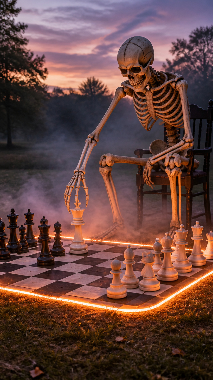 Gigantic Skeleton Chess Player Making a Move