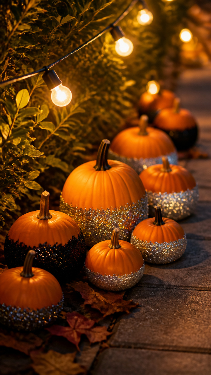 Glitter-Dipped Pumpkins Under String Lights