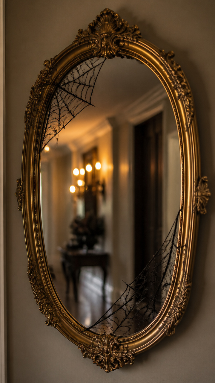 Gold-Framed Vintage Mirrors with Spiderweb Details