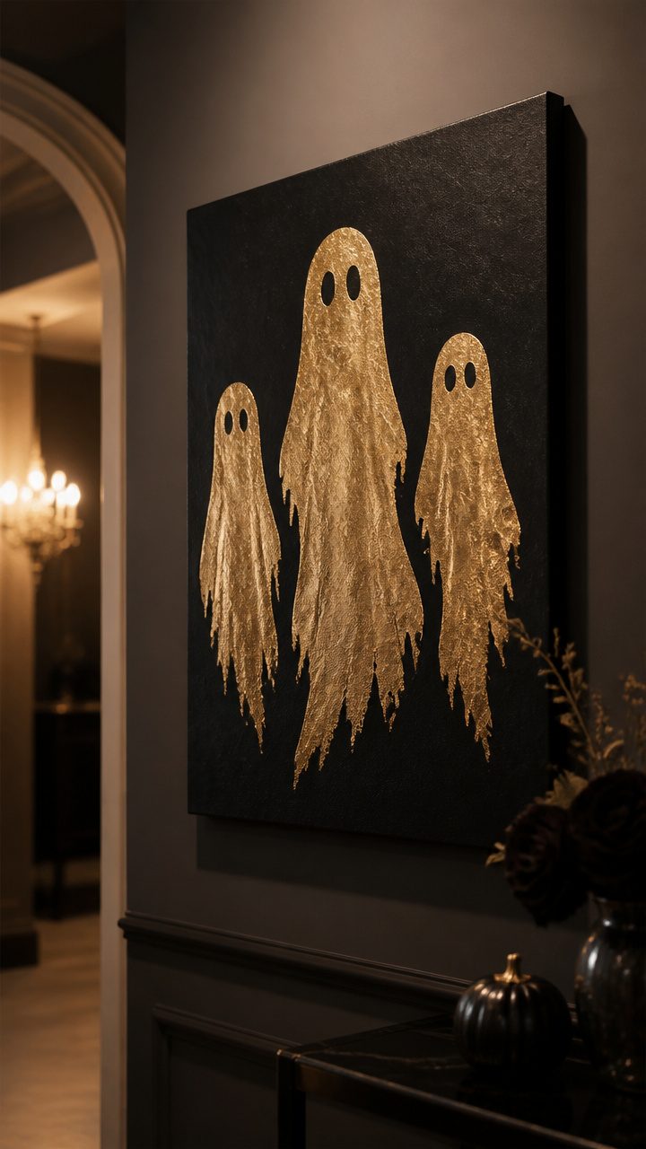 Gold Leaf Ghost Art on Black Canvas
