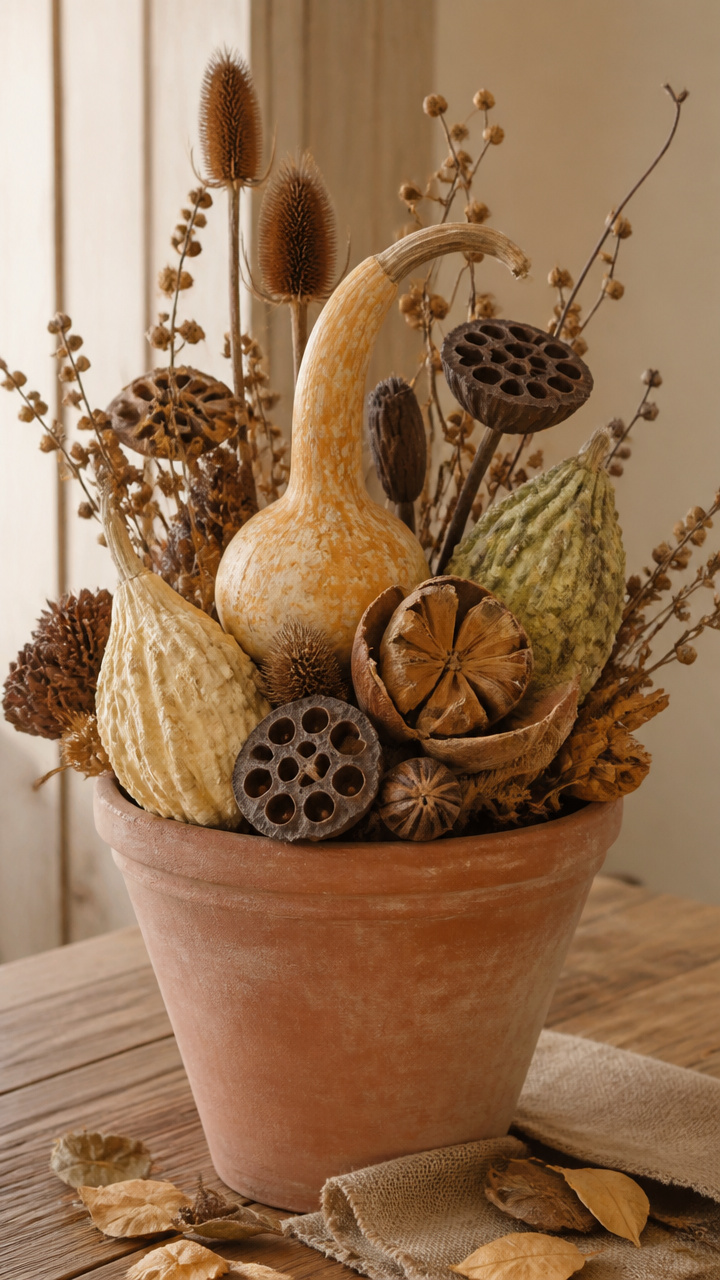 Gourd and Seed Pod Arrangement in a Clay Pot