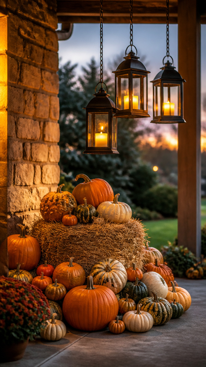 Hanging Lanterns Above a Pumpkin-Hay Cluster