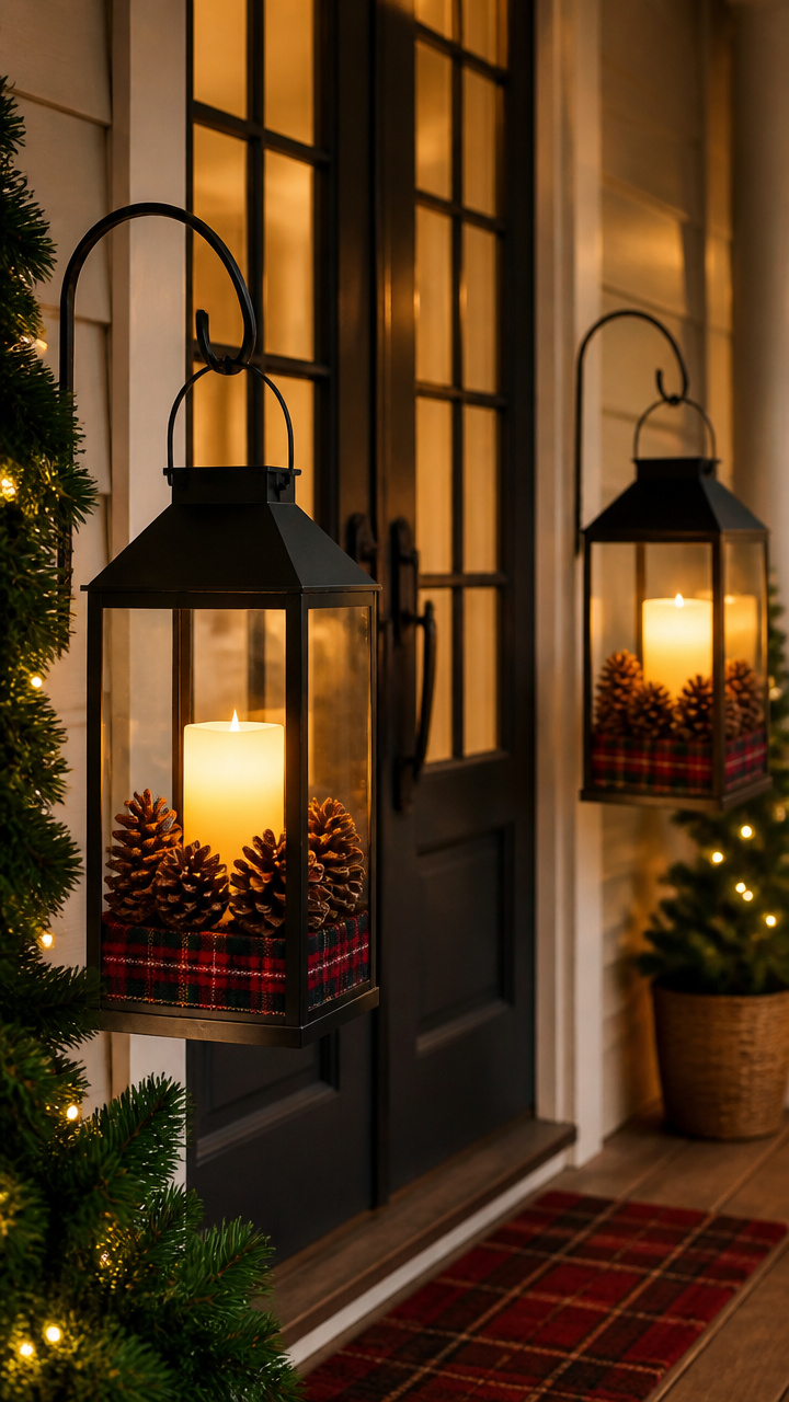 Hanging Lanterns with Plaid Liners and Pinecone Fill